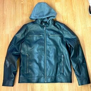 Guess Faux Leather Jacket W/ Hood and Double Zipper Enclosure Mens Size Medium
